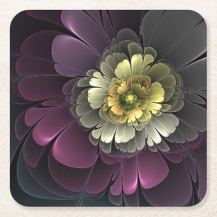 Abstracte Modern Purpur Khaki Gray Fractal Flower Kartonnen Onderzetters