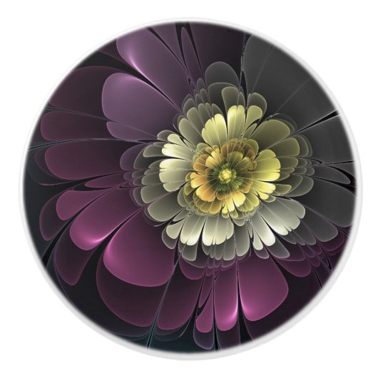 Abstracte Modern Purpur Khaki Gray Fractal Flower Keramische Knop (Voorkant)