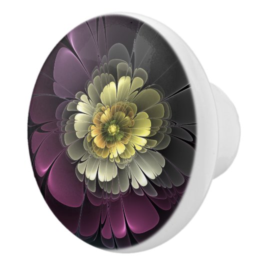 Abstracte Modern Purpur Khaki Gray Fractal Flower Keramische Knop (Rechts)