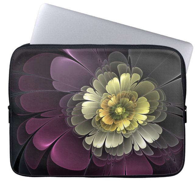 Abstracte Modern Purpur Khaki Gray Fractal Flower Laptop Sleeve (Voorkant)