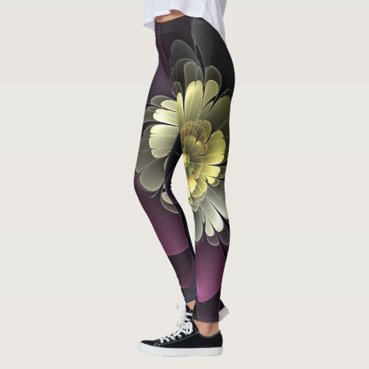 Abstracte Modern Purpur Khaki Gray Fractal Flower Leggings (Links)