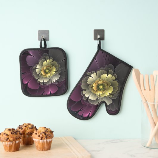 Abstracte Modern Purpur Khaki Gray Fractal Flower Ovenwant & Pannenlap Set (Insitu(Ophanging))