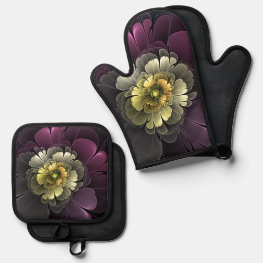 Abstracte Modern Purpur Khaki Gray Fractal Flower Ovenwant & Pannenlap Set (Voorkant / Achterkant)