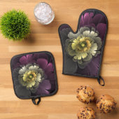 Abstracte Modern Purpur Khaki Gray Fractal Flower Ovenwant & Pannenlap Set (Top down)