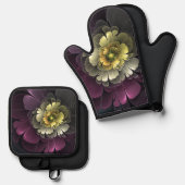 Abstracte Modern Purpur Khaki Gray Fractal Flower Ovenwant & Pannenlap Set (Voorkant / Achterkant)