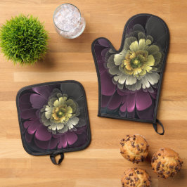 Abstracte Modern Purpur Khaki Gray Fractal Flower Ovenwant & Pannenlap Set