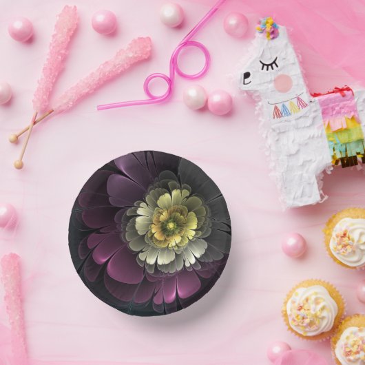 Abstracte Modern Purpur Khaki Gray Fractal Flower Papieren Kommen (Feest)