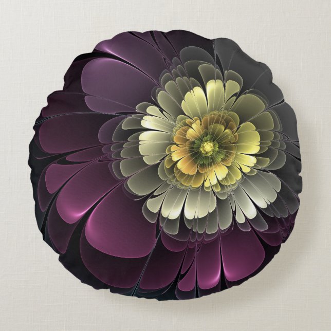 Abstracte Modern Purpur Khaki Gray Fractal Flower Rond Kussen (Voorkant)