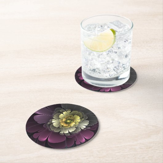 Abstracte Modern Purpur Khaki Gray Fractal Flower Ronde Kartonnen Onderzetter (Insitu)