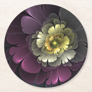 Abstracte Modern Purpur Khaki Gray Fractal Flower Ronde Kartonnen Onderzetter