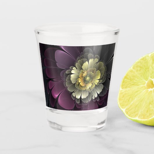 Abstracte Modern Purpur Khaki Gray Fractal Flower Shot Glas (Voorkant)