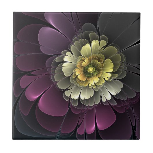 Abstracte Modern Purpur Khaki Gray Fractal Flower Tegeltje (Voorkant)