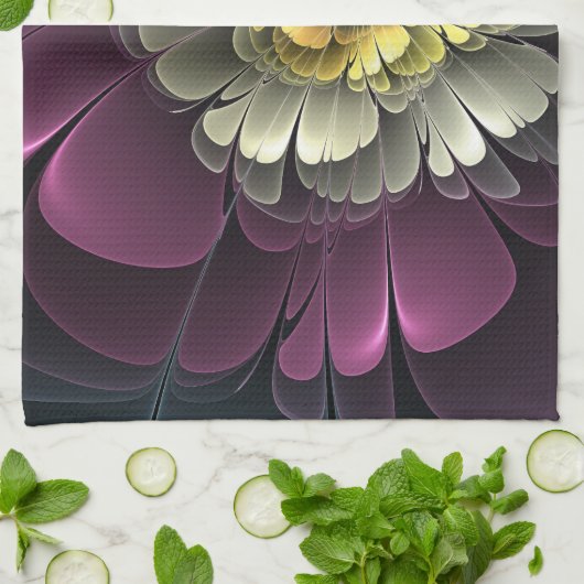 Abstracte Modern Purpur Khaki Gray Fractal Flower Theedoek (Gevouwen)