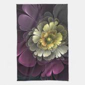 Abstracte Modern Purpur Khaki Gray Fractal Flower Theedoek (Verticaal)