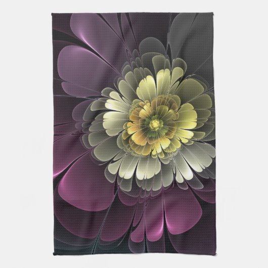Abstracte Modern Purpur Khaki Gray Fractal Flower Theedoek (Verticaal)