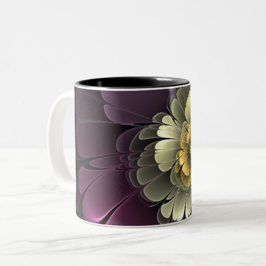 Abstracte Modern Purpur Khaki Gray Fractal Flower Tweekleurige Koffiemok (Voorkant links)