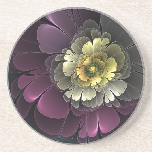 Abstracte Modern Purpur Khaki Gray Fractal Flower Zandsteen Onderzetter (Voorkant)