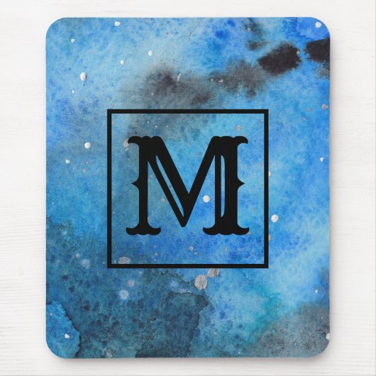 Abstracte moderne Art Monogram Blauwe Zwarte Water Muismat (Voorkant)