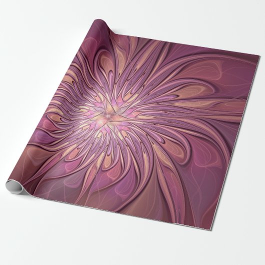 Abstracte moderne bloemfractale kunst Bessenkleure Cadeaupapier (Uitgerold)