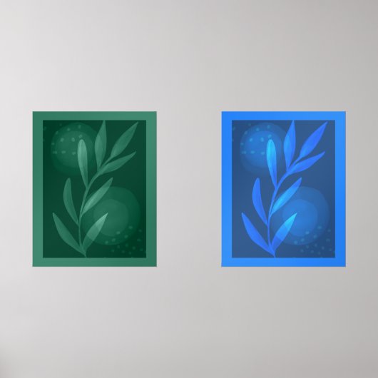 Abstracte moderne botanische bladeren blauw en gro muurkunst sets (Voorkant)