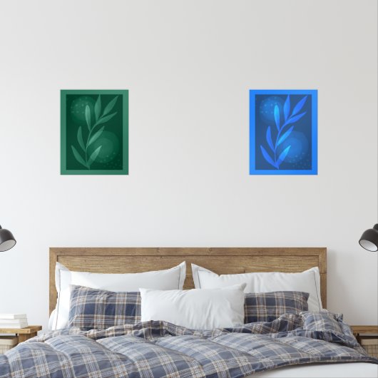 Abstracte moderne botanische bladeren blauw en gro muurkunst sets (Slaapkamer)