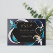 Abstracte moderne elegante blauwgroen, witte, goud RSVP kaartje (Staand voorkant)