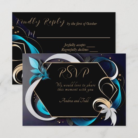 Abstracte moderne elegante blauwgroen, witte, goud RSVP kaartje (Voorkant / Achterkant)