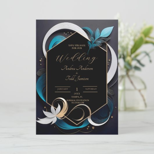 Abstracte moderne elegante blauwgroen, witte, goud save the date (Staand voorkant)