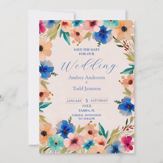 Abstracte moderne elegante bloemen waterverf bruil save the date (Voorkant)