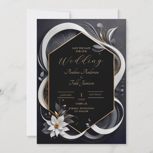 Abstracte moderne elegante witte en gouden bruilof save the date (Voorkant)
