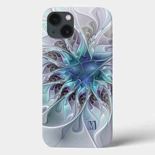Abstracte moderne fractal bloem met blauwe monogra Case-Mate iPhone case (Achterkant)