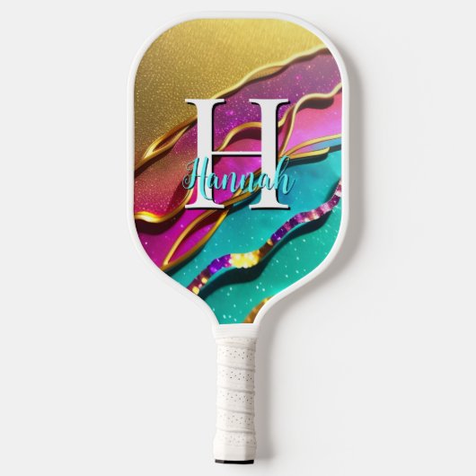 Abstracte, moderne Gold Aqua- en roze Glam Waves Pickleball Paddle (Achterkant)