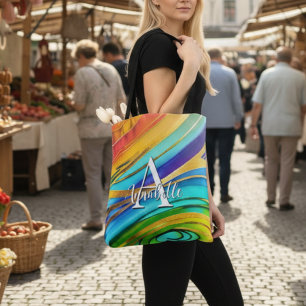 Abstracte moderne kleurenzalen en gouden metalen tote bag
