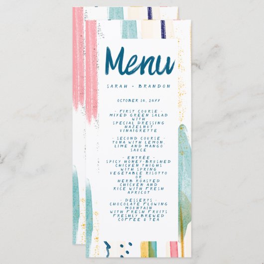 Abstracte moderne kleurrijke penseelbruiloft menu (Voorkant / Achterkant)
