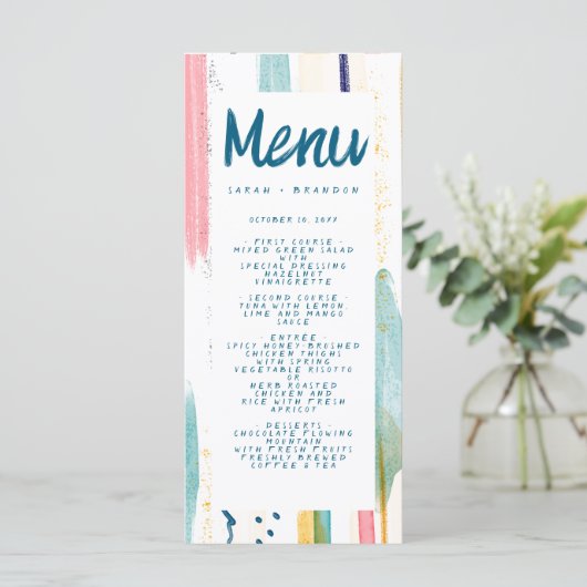 Abstracte moderne kleurrijke penseelbruiloft menu (Staand voorkant)