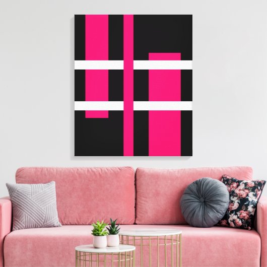 Abstracte moderne kunst lijnen roze wit zwart canvas afdruk (Insitu (Woonkamer))