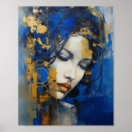 Abstracte moderne kunst vrouw blauw en goud poster