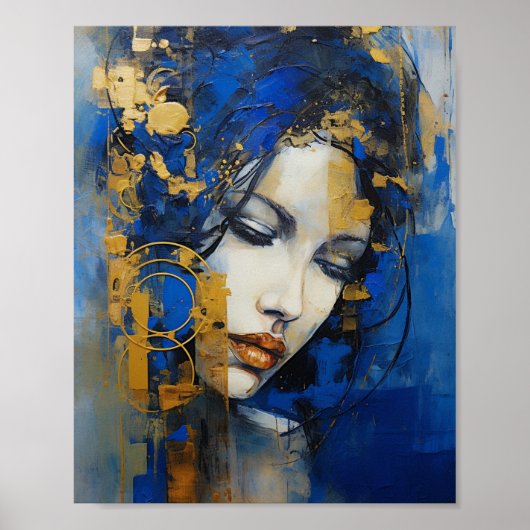 Abstracte moderne kunst vrouw blauw en goud poster (Voorkant)