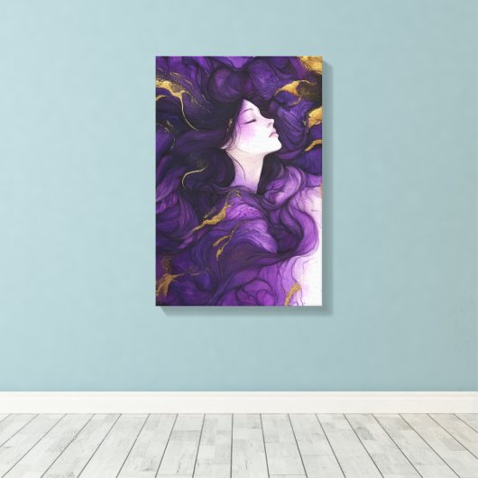 Abstracte moderne kunst vrouw paarse en gouden canvas afdruk (Insitu (Houten vloer))