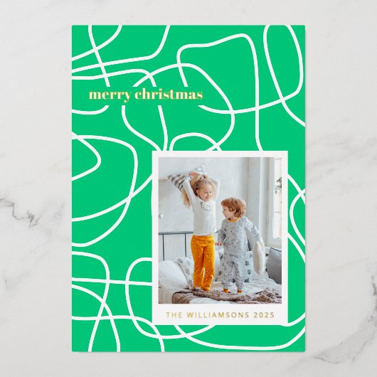 Abstracte moderne lijnkunst groen aangepaste foto folie feestdagenkaart (Voorkant)