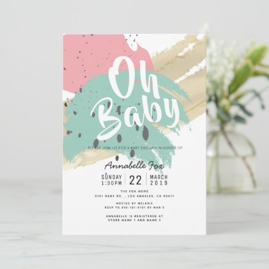 Abstracte moderne penseelstreken roze Baby shower Kaart (Staand voorkant)