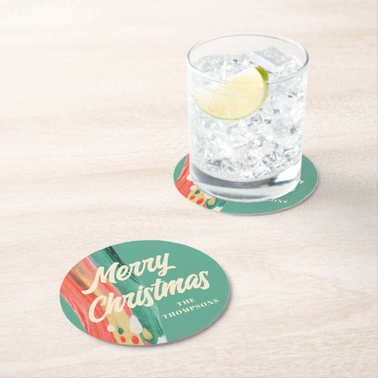 Abstracte moderne prettige kerstnaam ronde kartonnen onderzetter (Insitu)