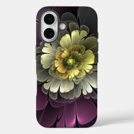 Abstracte moderne purper khaki grijs fractal bloem iPhone 16 hoesje