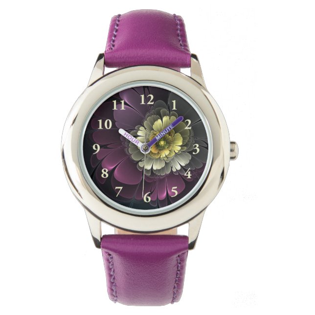 Abstracte Moderne Purper Khaki Grijs Fractale Bloe Horloge (Voorkant)