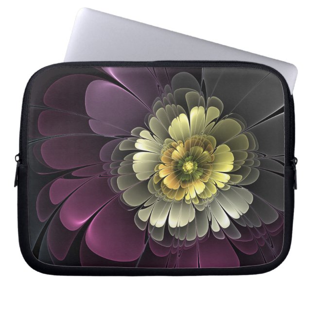 Abstracte Moderne Purper Khaki Grijs Fractale Bloe Laptop Sleeve (Voorkant)