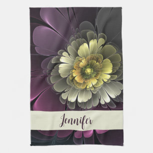 Abstracte moderne purper khaki grijze bloemnaam theedoek