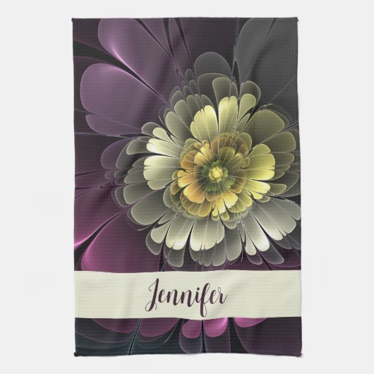 Abstracte moderne purper khaki grijze bloemnaam theedoek (Verticaal)