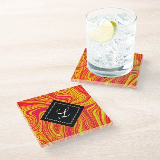 Abstracte moderne rode gele vloeibare marmer glazen onderzetter (Schuin)