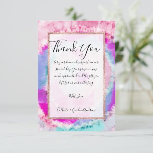 Abstracte moderne, roze witte tinkleurstof bedankkaart (Staand voorkant)