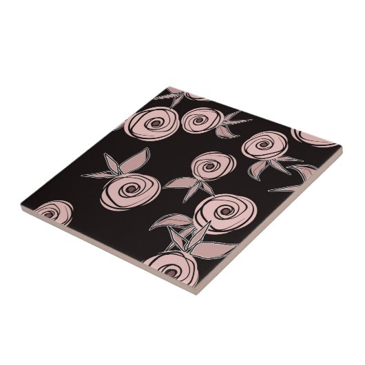 Abstracte moderne rozen bloemen roze zwarte bloem tegeltje (Zijkant)